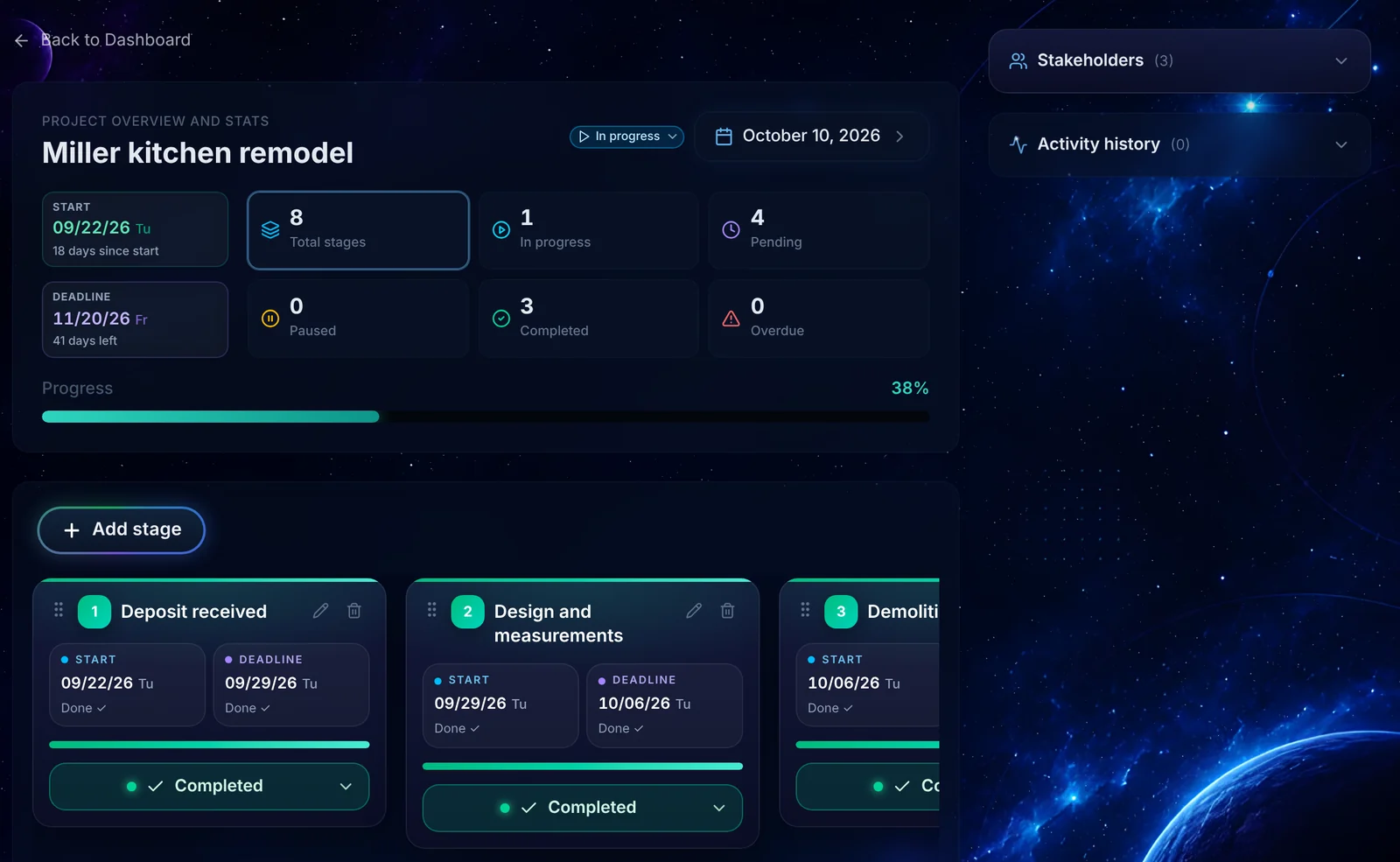 Galaxy CRM Hub live project board with stages, deadlines and progress